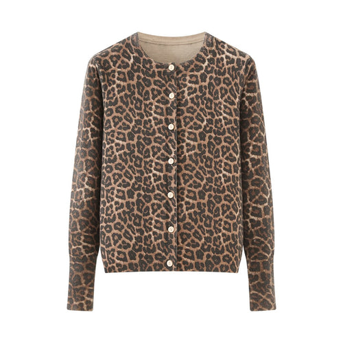Damen Feinstrick-Cardigan mit Leoprint, Rundhals und durchgehender Knopfleiste Nord Taschen