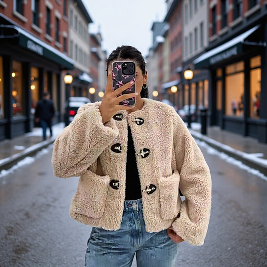Damen Kurz geschnittene Teddyjacke mit Knebelverschlüssen und aufgesetzten Taschen Nord Taschen