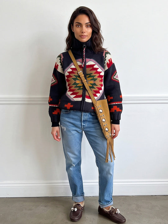 Damen Jacquard-Strickjacke mit Navajo‑Muster, Reißverschluss und hohem Kragen Nord Taschen