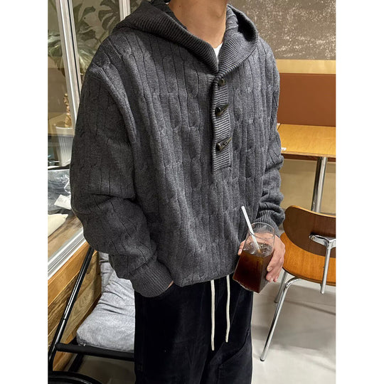 Herren Grobstrickpullover mit Kapuze und Knopfverschluss Nord Taschen