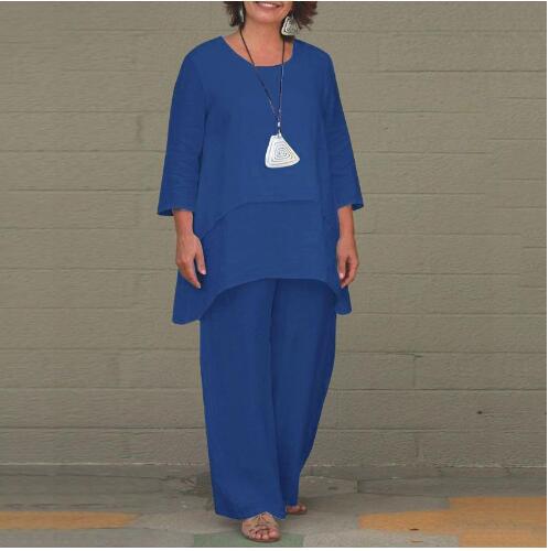 Damen Lässiges Zweiteiliges Leinen-Set mit Oversize-Tunika und weiter Palazzo-Hose Nord Taschen