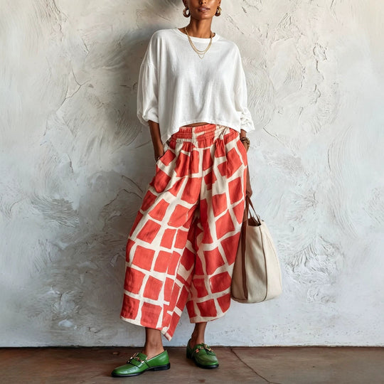 Damen Weite Culotte-Hose aus Leinenmix mit elastischem Bund und grafischem Print Nord Taschen
