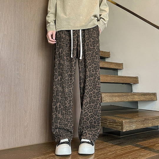 Herren Weit geschnittene Leoprint-Hose aus leichtem Viskose-Mix mit Kordelzug Nord Taschen