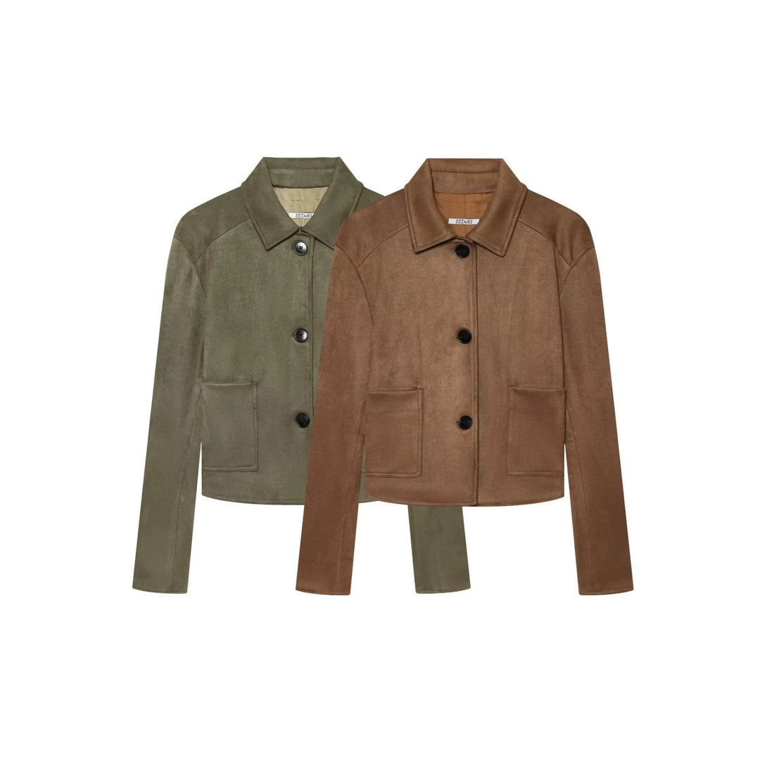 Damen Kurzjacke aus Velourslederimitat mit Hemdkragen und aufgesetzten Taschen Nord Taschen