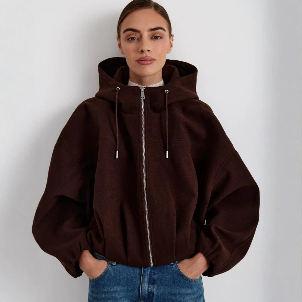 Damen Kurzjacke aus Wollmix mit Kapuze, kastiger Boxy‑Silhouette & gerafftem Saum Nord Taschen