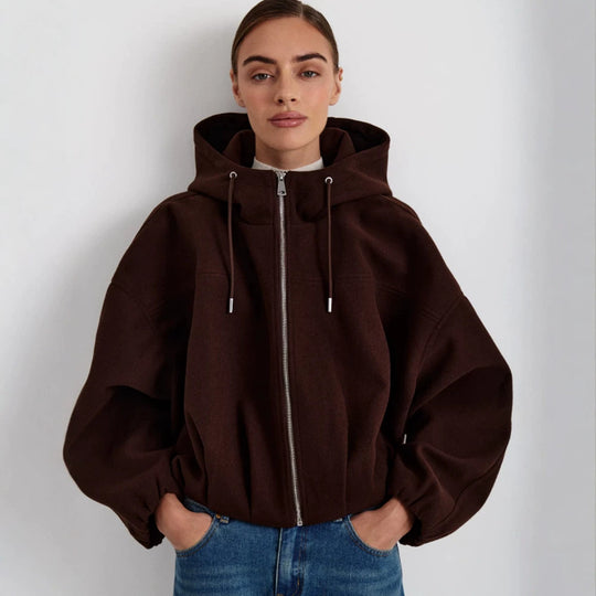 Damen Kurzjacke aus Wollmix mit Kapuze, kastiger Boxy‑Silhouette & gerafftem Saum Nord Taschen