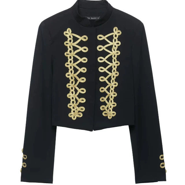 Damen Taillierter Cropped Militärblazer mit Stehkragen und goldverzierten Epauletten Nord Taschen