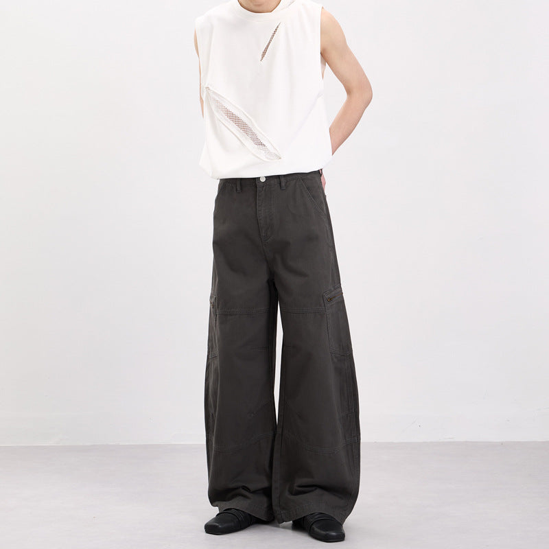 Herren Weite Twill-Palazzo-Cargohose mit tiefem Schritt, Knieabnähern und Utility-Taschen Nord Taschen