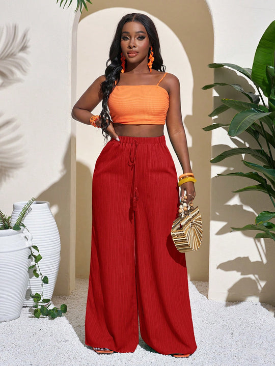 Damen Palazzo-Hose mit hohem Bund, elastischem Kordelzug und weitem Bein Nord Taschen