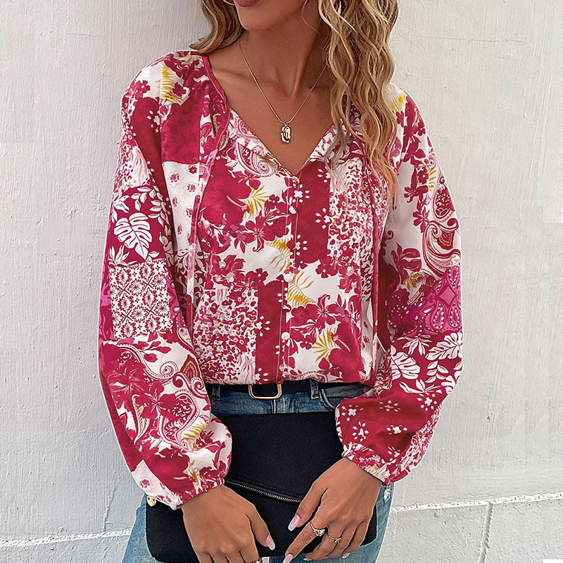 Damen Leichte Boho-Bluse mit Patchwork‑Print, Bindeschlitz und Ballonärmeln Nord Taschen