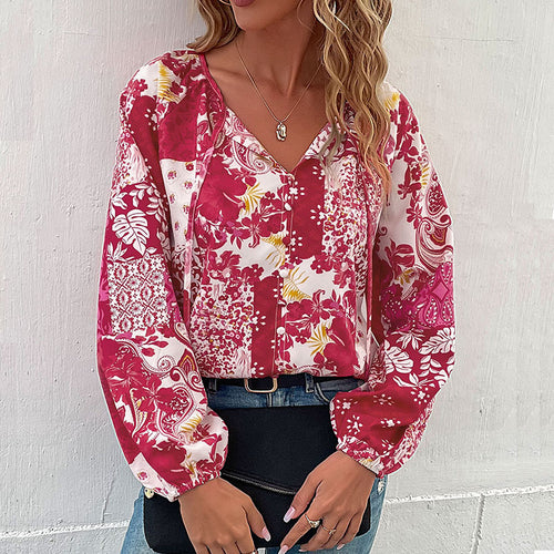 Damen Leichte Boho-Bluse mit Patchwork‑Print, Bindeschlitz und Ballonärmeln Nord Taschen