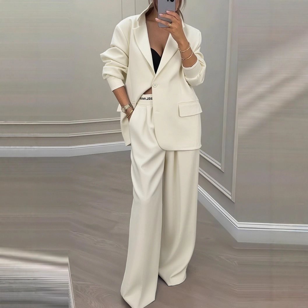 Damen Oversize-Blazer mit Kontrastbesatz und High‑Waist Palazzo‑Hose Zweiteiler Nord Taschen