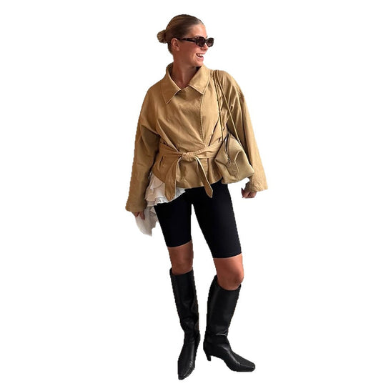Damen Kurze Taillierte Canvas-Jacke mit Bindegürtel und überschnittenen Schultern Nord Taschen