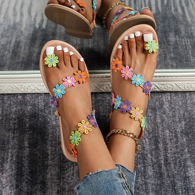 Damen Sommer Sandalen mit buntem Blüten-Design und rutschfester Sohle