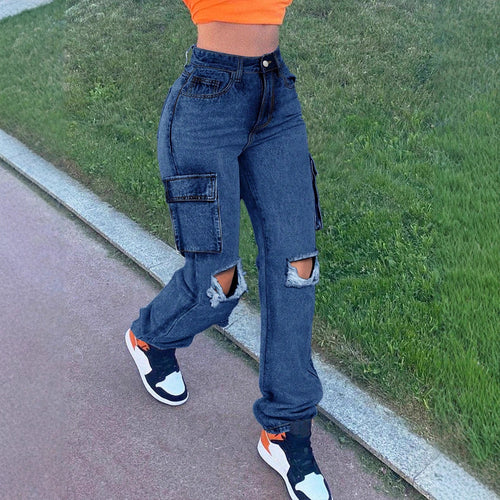 Damen High-Waist Cargo-Jeans mit geradem Bein, Knie-Rissen und seitlicher Klappentasche Nord Taschen