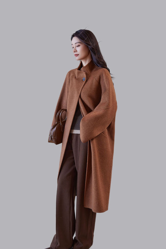 Damen Oversized Wollmantel mit Stehkragen und Ein-Knopf-Verschluss Nord Taschen