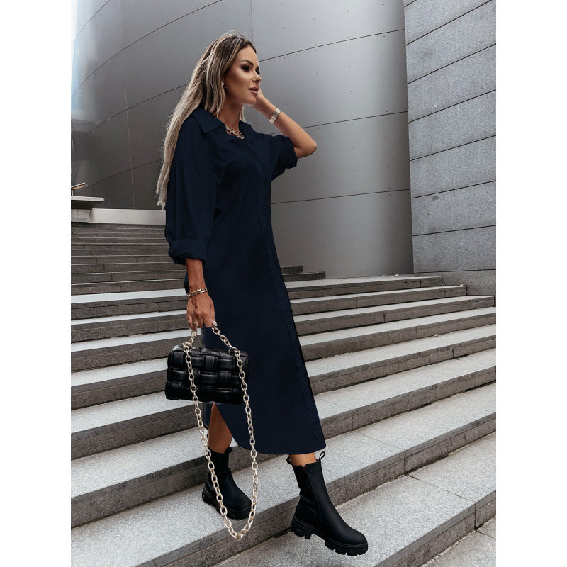 Damen Langes Oversize-Hemdblusenkleid mit durchgehender Knopfleiste, umgeschlagenen Ärmeln und tiefem Seitenschlitz Nord Taschen