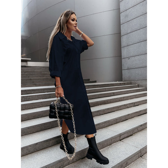 Damen Langes Oversize-Hemdblusenkleid mit durchgehender Knopfleiste, umgeschlagenen Ärmeln und tiefem Seitenschlitz Nord Taschen