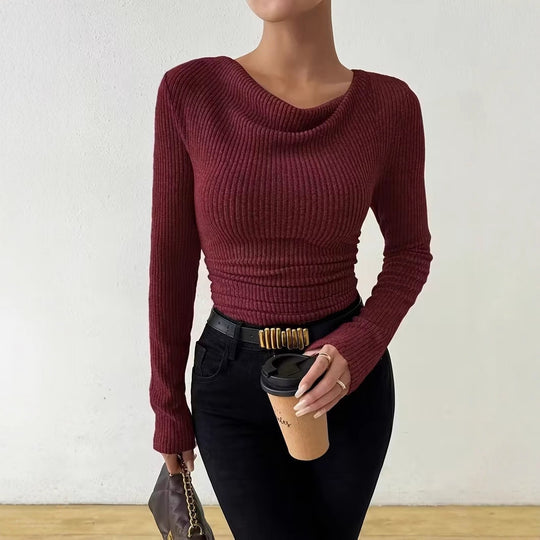 Damen Gerippter Taillierter Feinstrickpullover mit Raffung Nord Taschen