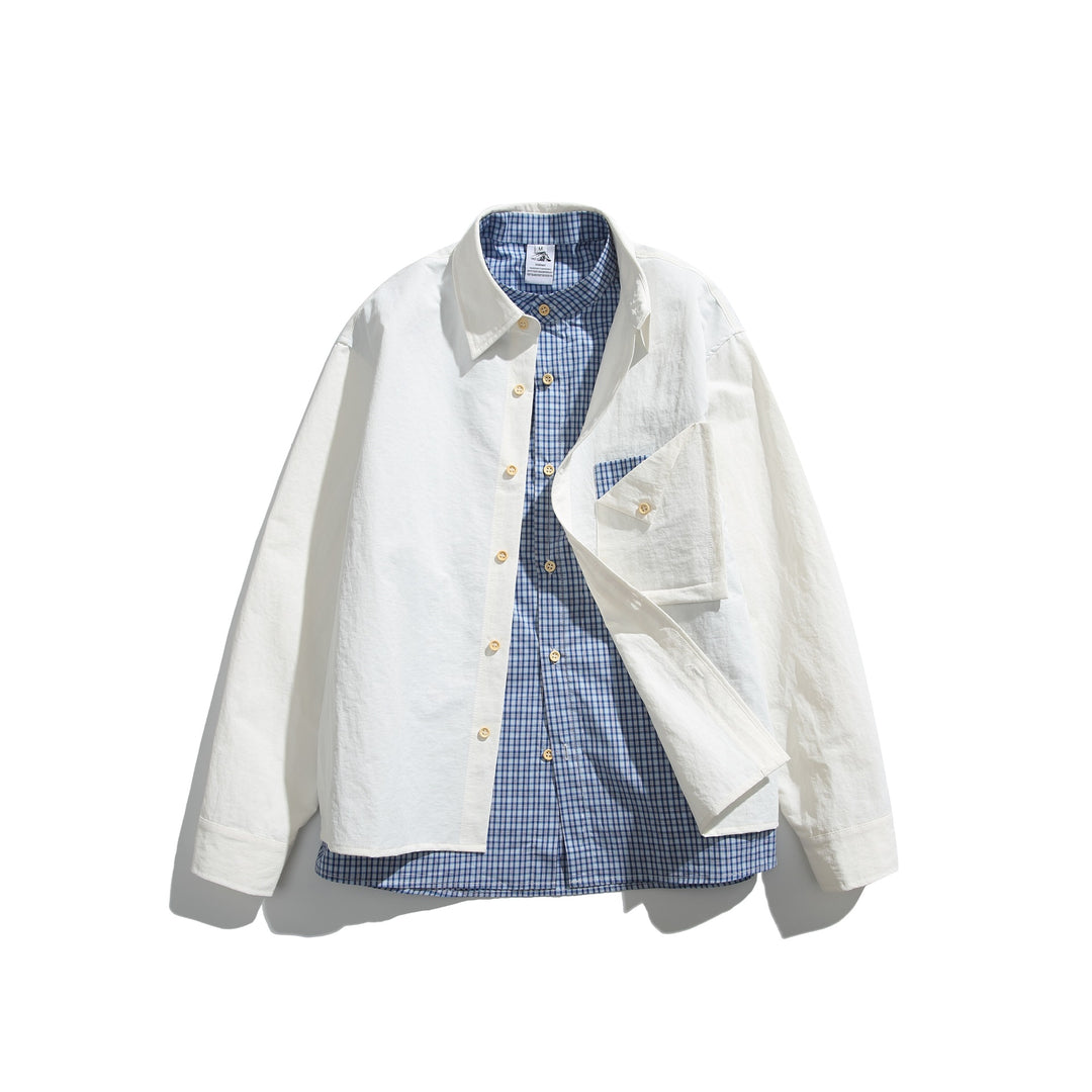 Herren Boxy-Overshirt im Layer-Look mit kariertem Innenfutter, Brusttasche und Holzknöpfen Nord Taschen
