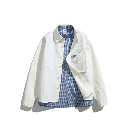 Herren Boxy-Overshirt im Layer-Look mit kariertem Innenfutter, Brusttasche und Holzknöpfen Nord Taschen
