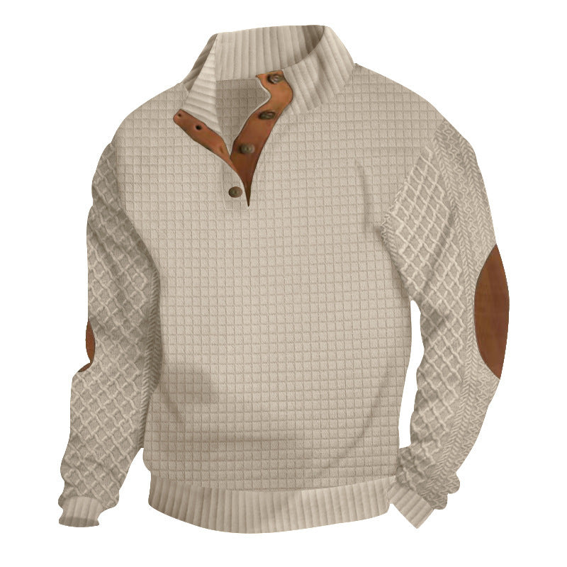 Herren Waffelstrick-Halbzip-Pullover mit Stehkragen Lederbesatz und Ellbogenpatches Nord Taschen