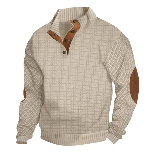Herren Waffelstrick-Halbzip-Pullover mit Stehkragen Lederbesatz und Ellbogenpatches Nord Taschen