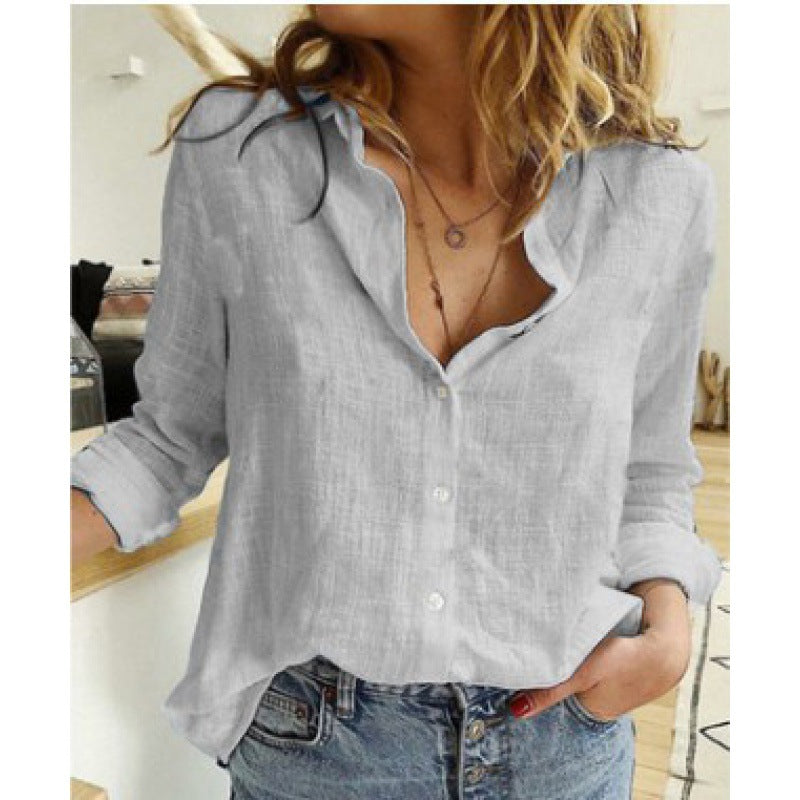 Damen Leichte Leinenbluse im legeren Oversize‑Schnitt mit Stufenkragen und durchgehender Knopfleiste Nord Taschen