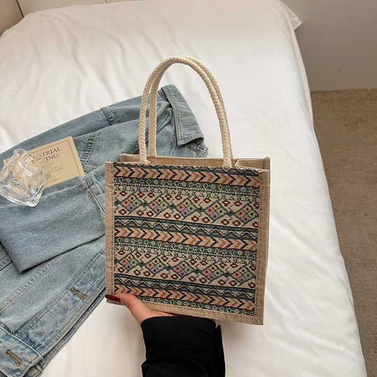 Damen Jute-Tragetasche mit dekorativem Ethno-Muster Nord Taschen