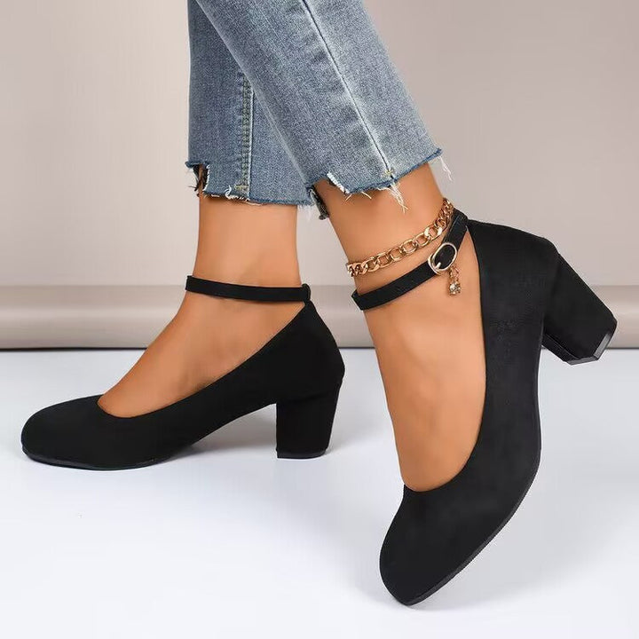 Damen Elegante Pumps mit breitem Blockabsatz und verstellbarem Knöchelriemen