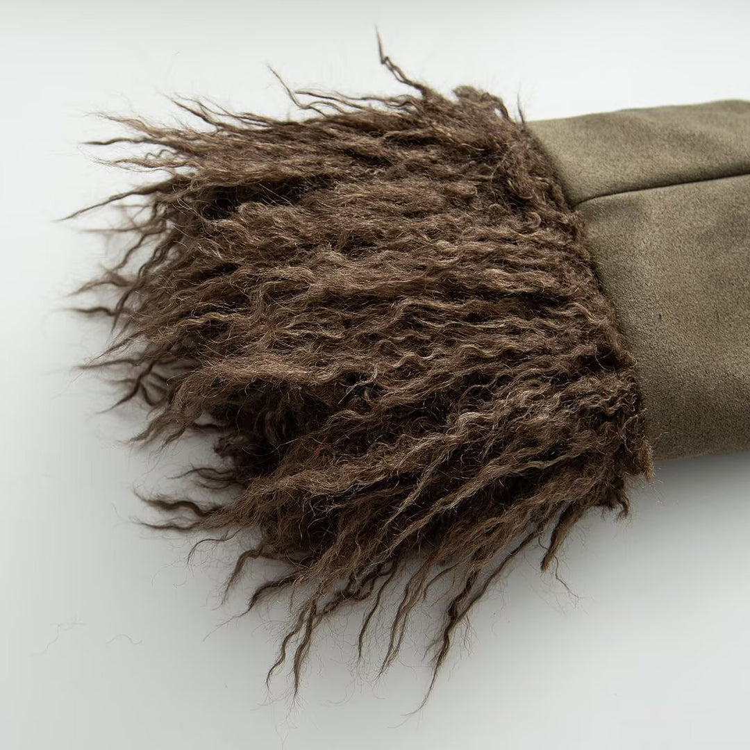 Damen Mantel mit Kunstfell-Schalkragen und Taillengürtel Nord Taschen