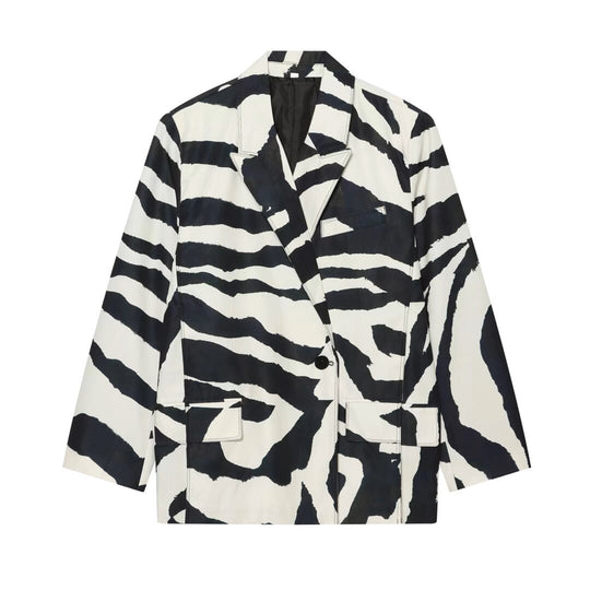 Damen Oversize-Blazer im Zebra-Print mit Reverskragen und Pattentaschen Nord Taschen