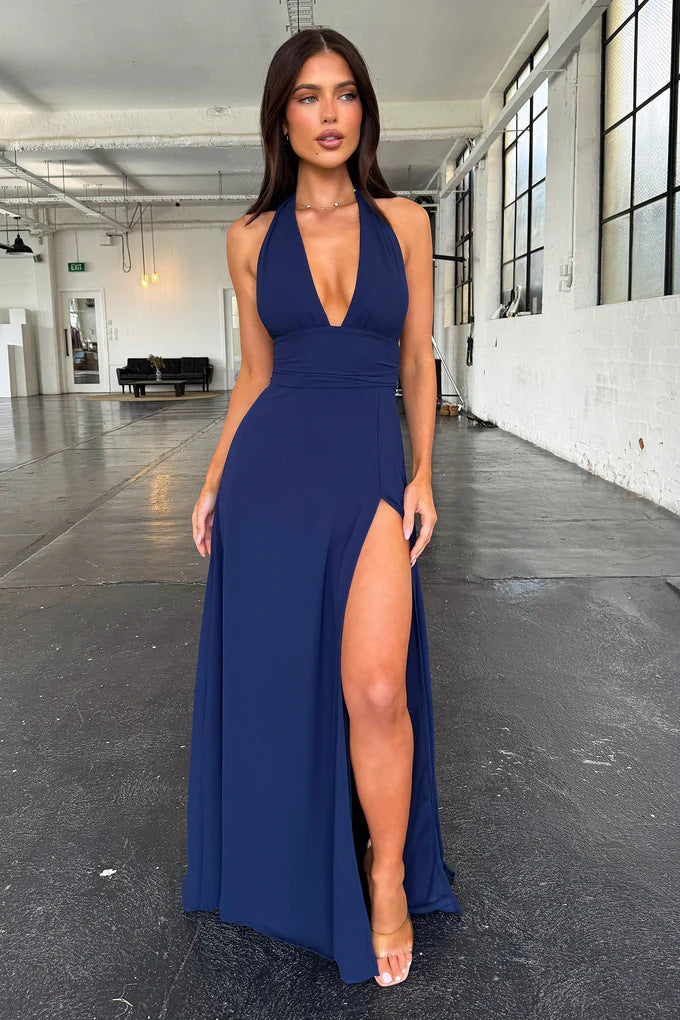 Damen Maxikleid mit tiefem V-Ausschnitt und elegantem Schlitz