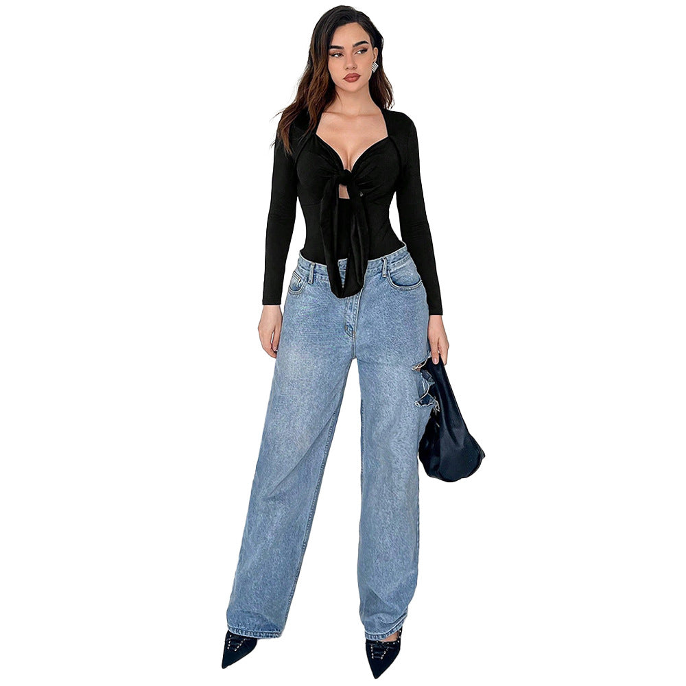 Damen figurbetonter Langarm-Bodysuit mit Knotenfront tiefem V-Ausschnitt und hochgeschnittenem Bein Nord Taschen