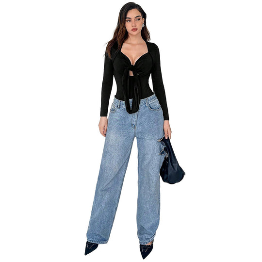 Damen figurbetonter Langarm-Bodysuit mit Knotenfront tiefem V-Ausschnitt und hochgeschnittenem Bein Nord Taschen