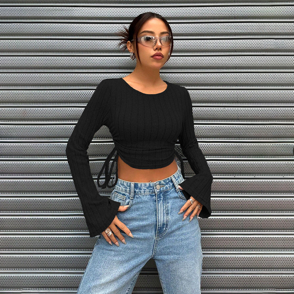 Damen geripptes Cropped-Longsleeve mit seitlicher Tunnelzugraffung, ausgestellten Ärmeln und figurbetonter Passform Nord Taschen