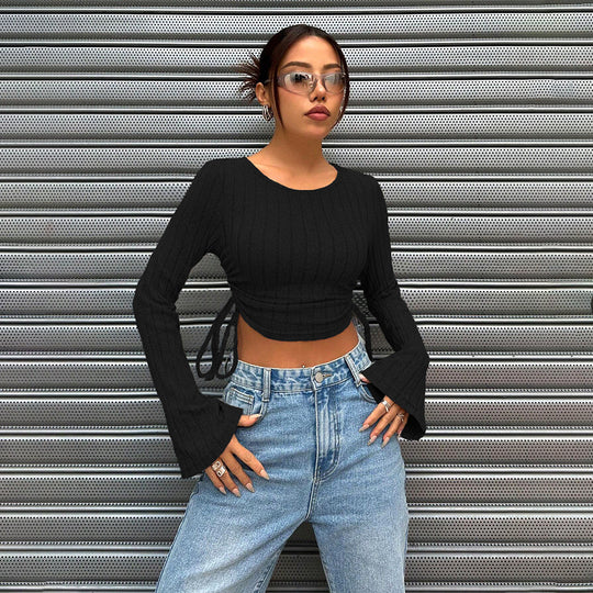 Damen geripptes Cropped-Longsleeve mit seitlicher Tunnelzugraffung, ausgestellten Ärmeln und figurbetonter Passform Nord Taschen