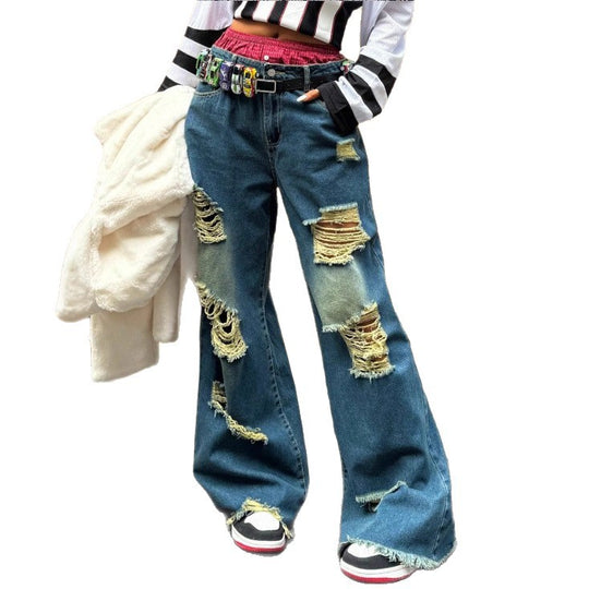 Damen weite Destroyed-Denim-Jeans mit Neonfransen-Applikation Nord Taschen