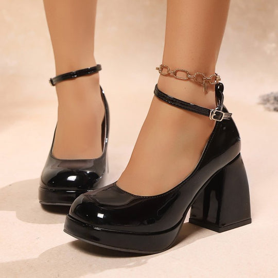 Damen Glamouröse Plateau-Pumps mit verstellbarem Knöchelriemen und robustem Blockabsatz