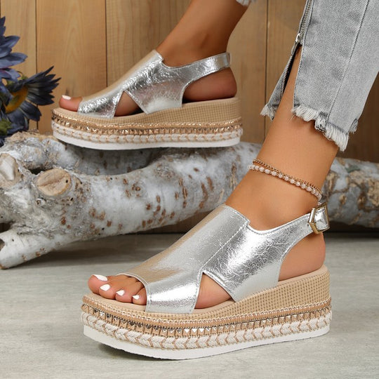 Damen Riemensandalen mit modischer Schmuckverzierung und Plateau-Rand