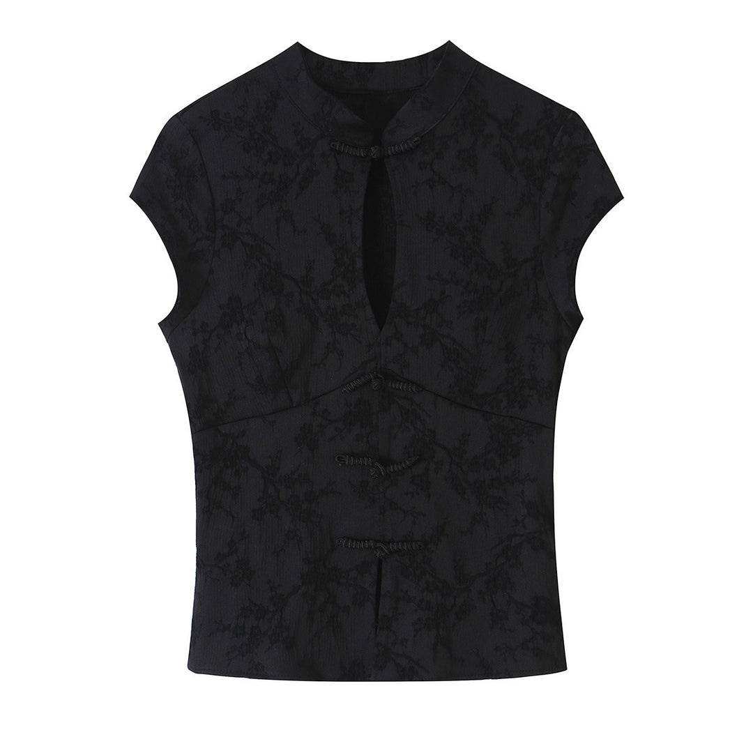 Damen Ärmelloses Cheongsam-inspiriertes Top mit Stehkragen und Zierknopfleiste Nord Taschen