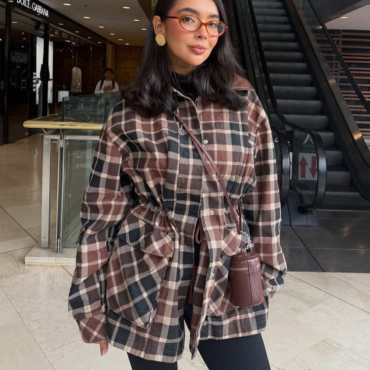 Damen Karierter Shacket mit Taillen-Kordel, Pattentaschen & Lederoptik-Kragen Nord Taschen