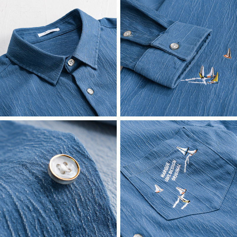 Herren Texturiertes Chambray-Overshirt mit maritimer Stickerei und Brusttasche Nord Taschen