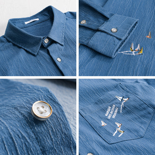 Herren Texturiertes Chambray-Overshirt mit maritimer Stickerei und Brusttasche Nord Taschen