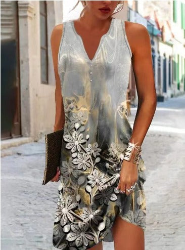 Damen, lässiges Sommerkleid mit V-Ausschnitt und asymmetrischem Saum
