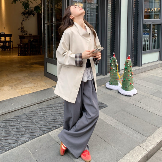 Damen Oversized Kurzmantel mit Stehkragen und kariertem Ärmelfutter Nord Taschen