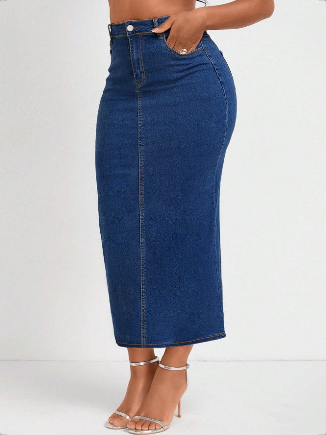 Damen Taillenhoher Stretch-Denim-Midirock mit sichtbarer Mittelnaht und Five-Pocket-Design Nord Taschen