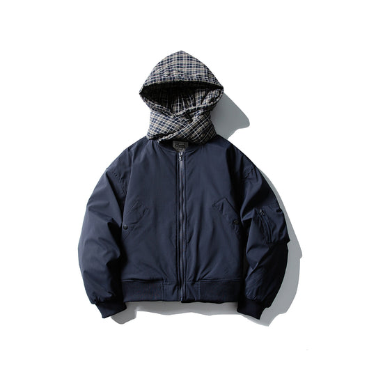 Herren Winddichter Bomberjacke mit gesteppter karierter Kapuze und integriertem Schal Nord Taschen