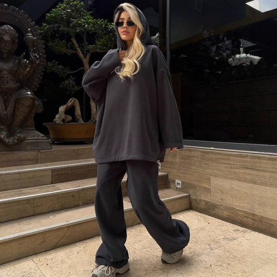 Damen oversized Kapuzen-Sweatshirt mit Ballonärmeln und weite High-Waist Jogginghose Nord Taschen
