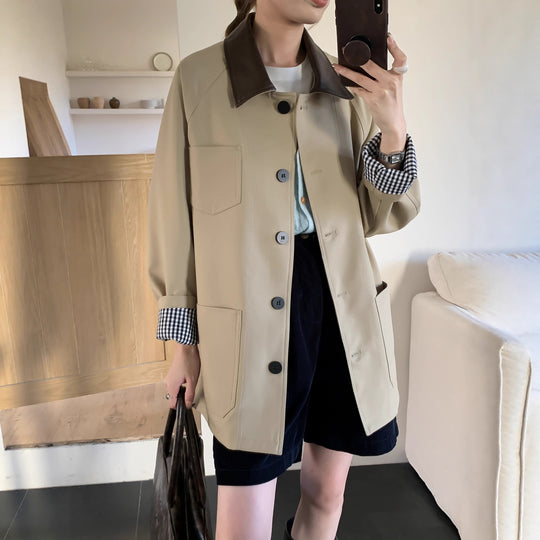 Damen Leichte Oversize-Übergangsjacke mit Kontrastkragen und kariertem Ärmelsaum Nord Taschen